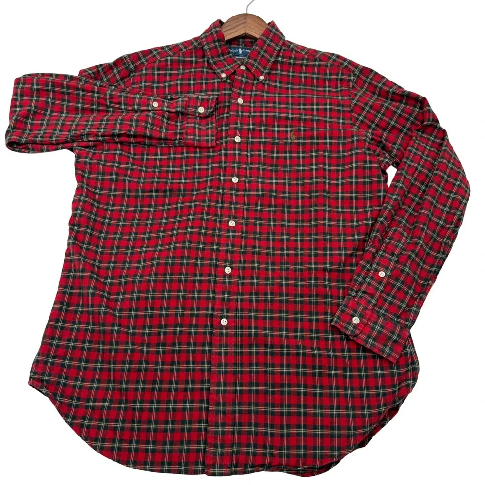 Polo Ralph Lauren Mens Large Classic Fit Red Black Plaid Flannel Shirt L